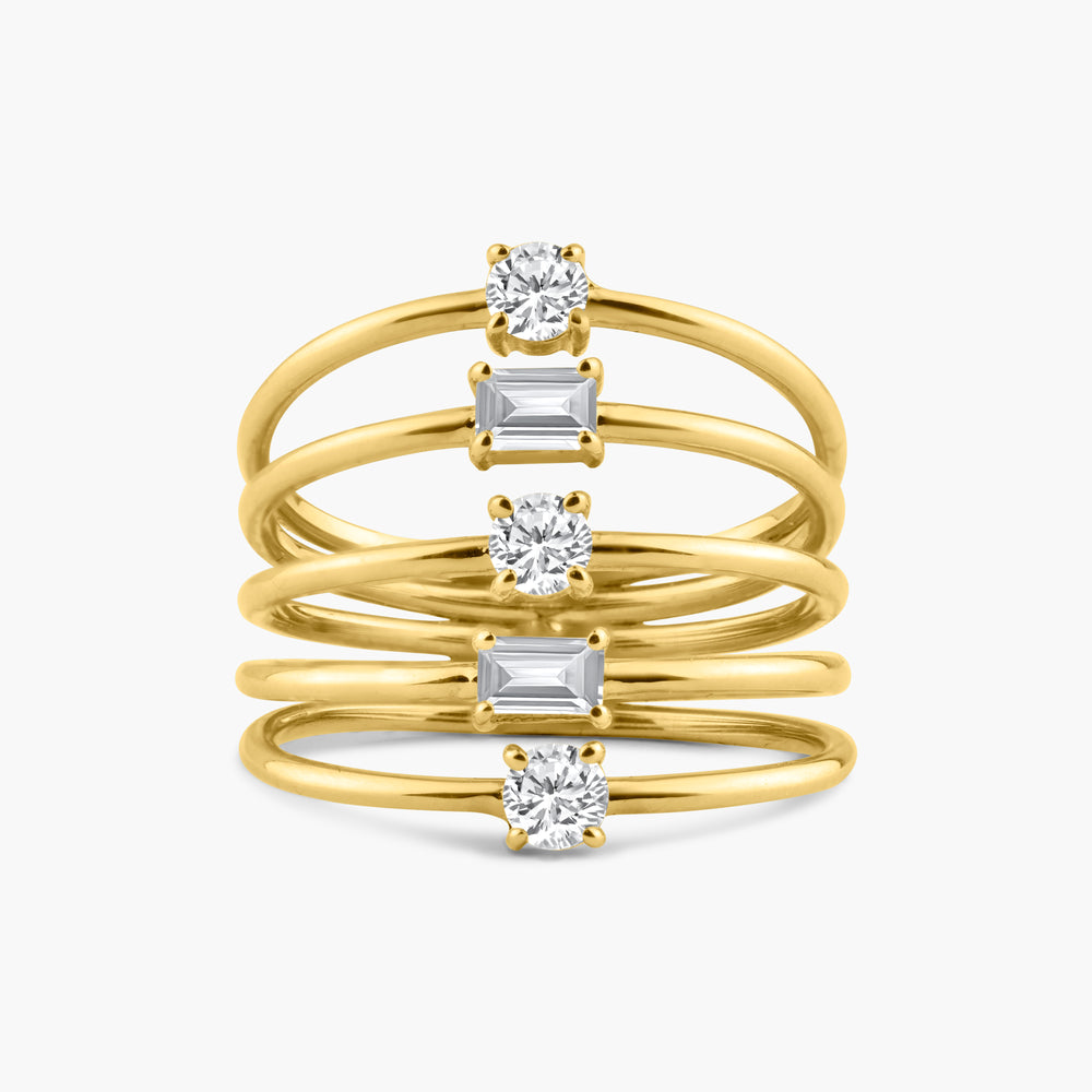 Round and Emerald 5 Row Ring - 14K Yellow Gold