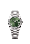 Rolex Day Date 40mm in 18K White gold and Olive Green Roman Dial, Fluted Bezel and a President Bracelet 2023/228239