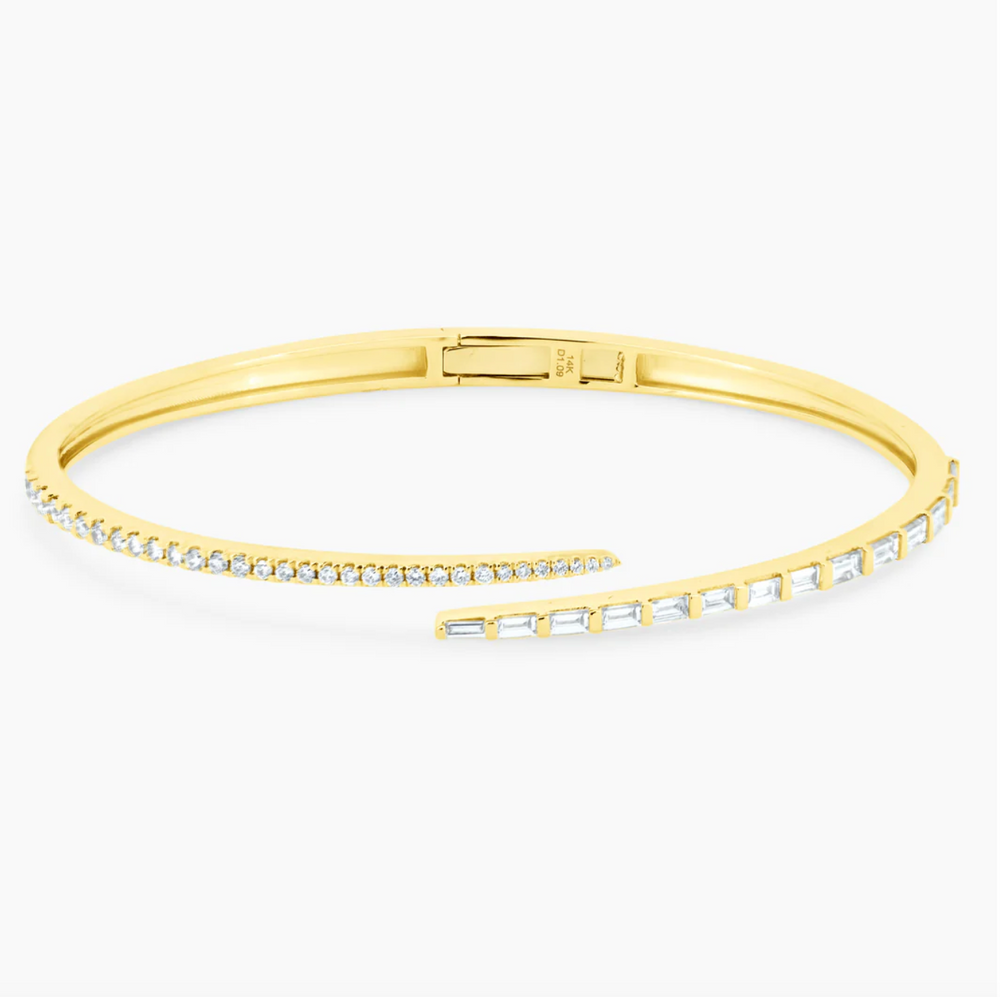 Half Baguette Half Round Cuff Bangle - 14K Yellow Gold