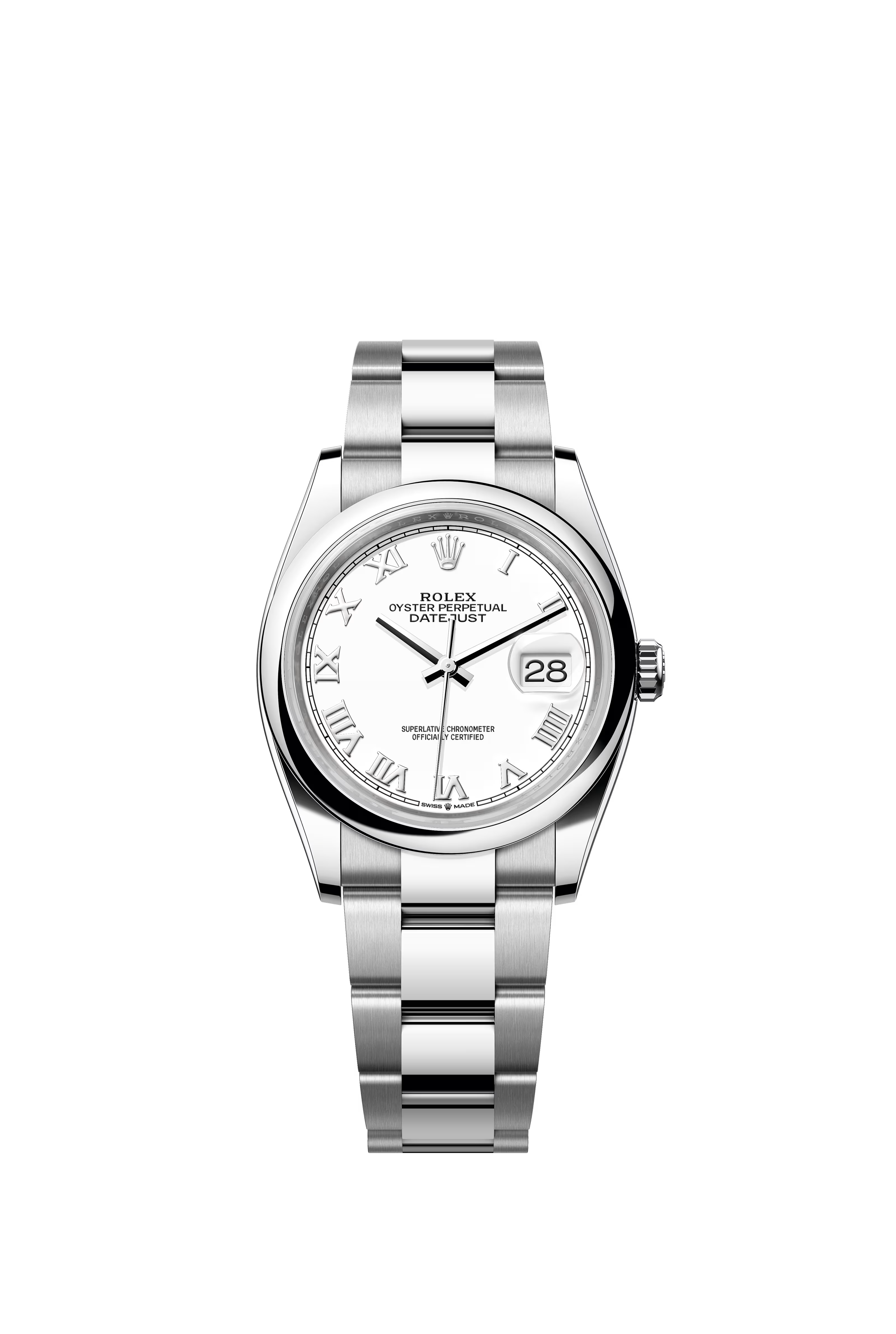 Rolex Datejust Stainless Steel White Dial Roman Numerals Smooth Bezel Oyster Bracelet 36mm 126200/2021