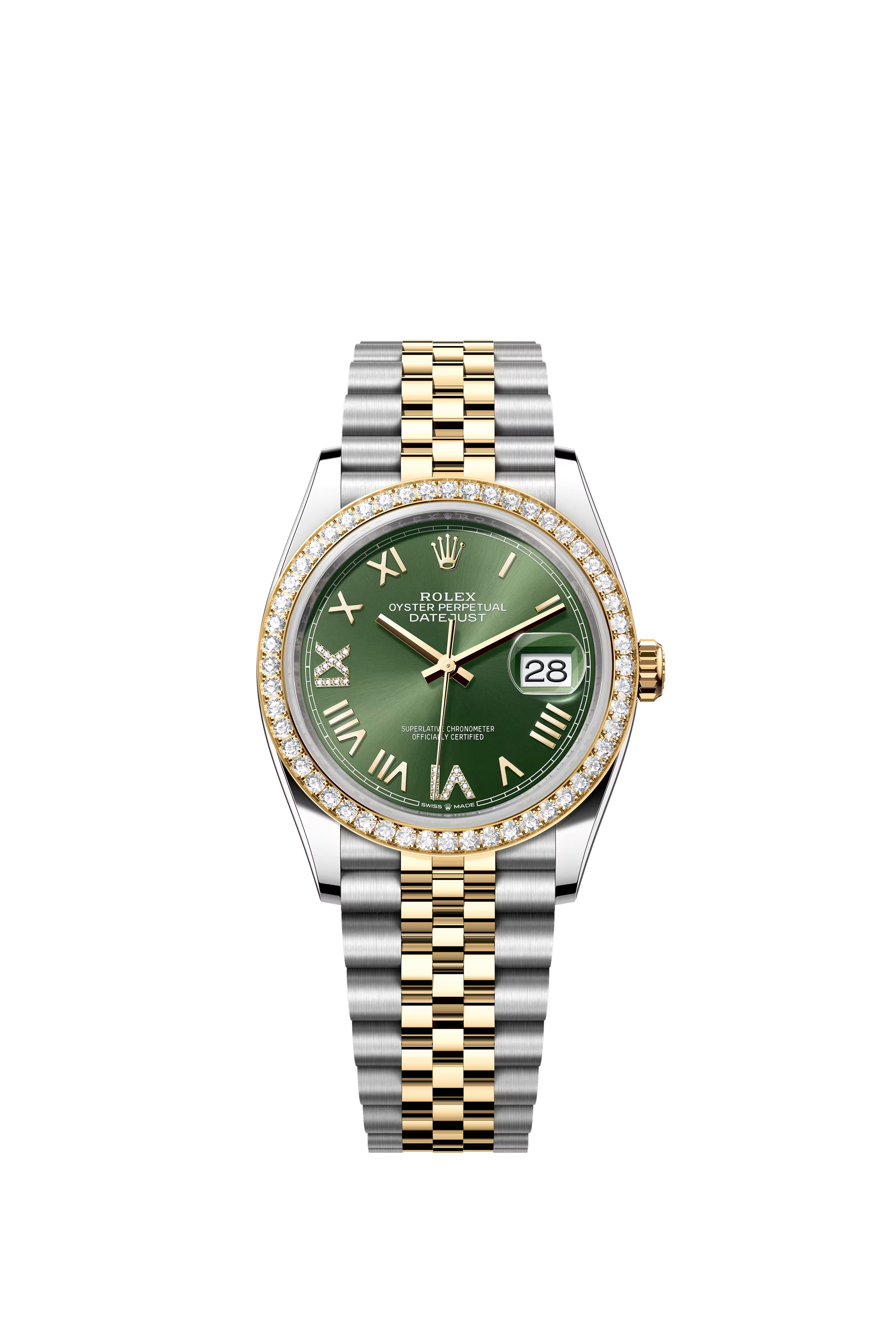 Rolex Datejust 36mm Oystersteel Yellow gold and Diamonds Green Roman Numeral face on Jubliee bracelet 126283RBR/2022