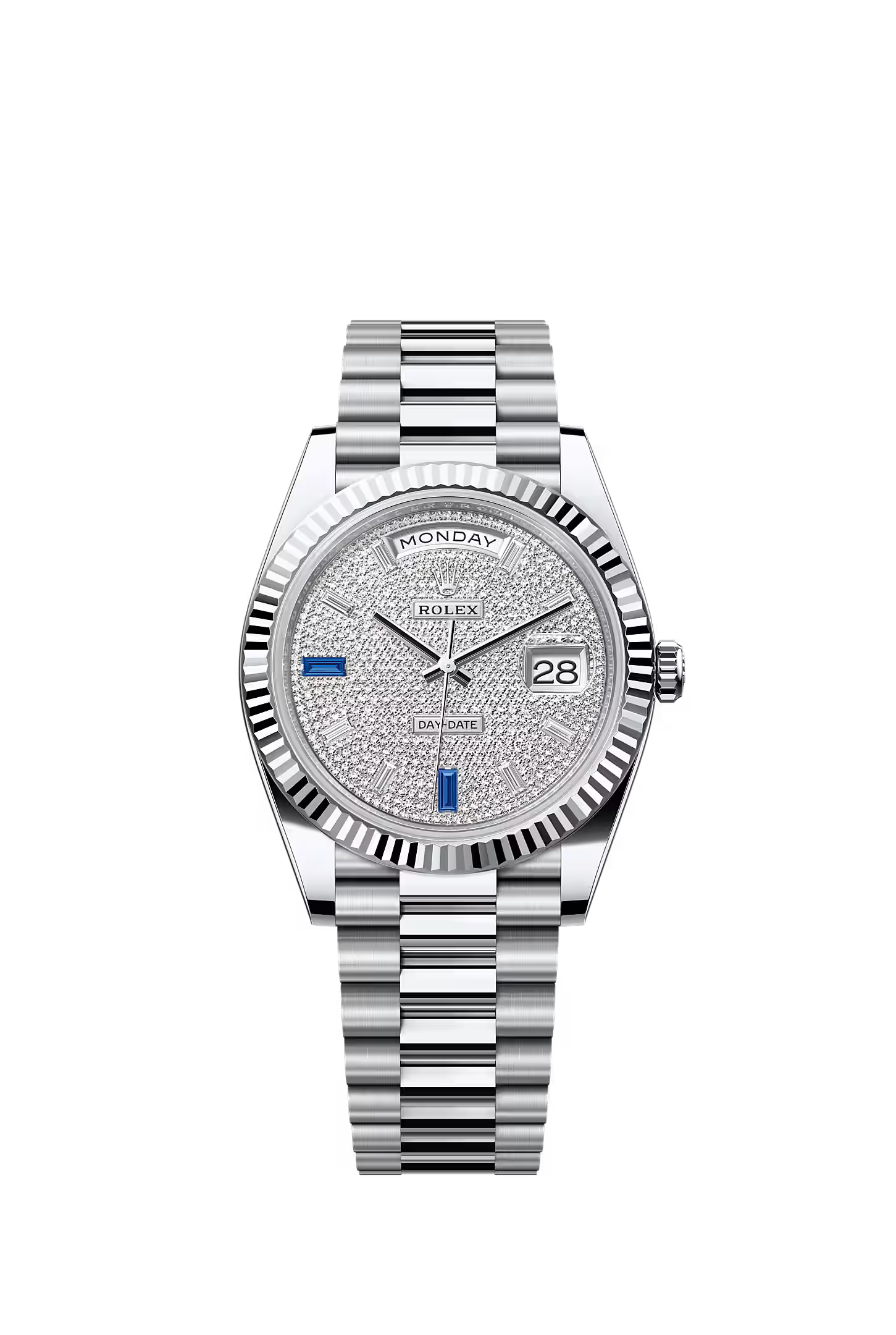 Rolex Day-Date 40mm Platinum Diamond and Sapphire Baguette with a Pave Diamond dial on Jubliee bracelet 228236/