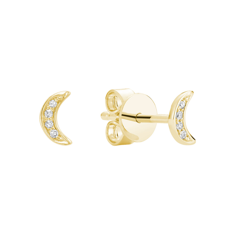Mini Diamond Moon Studs - 10K Yellow Gold